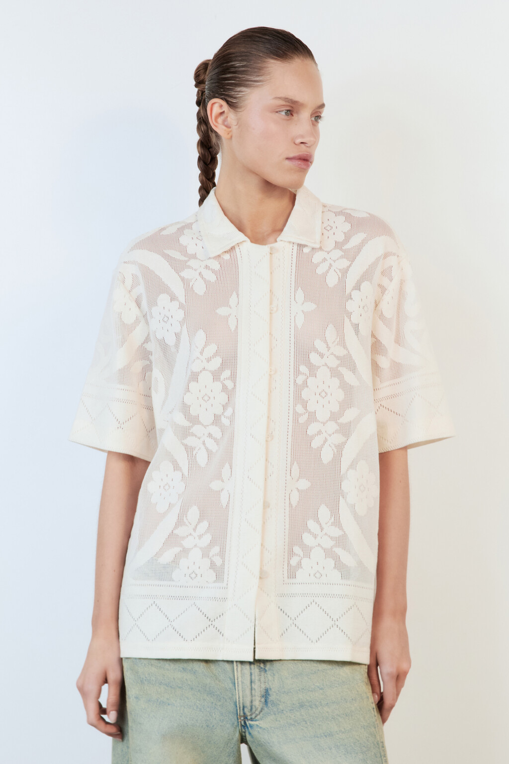 Блузка-рубашка ажурная с узором - цвет молочный - 3