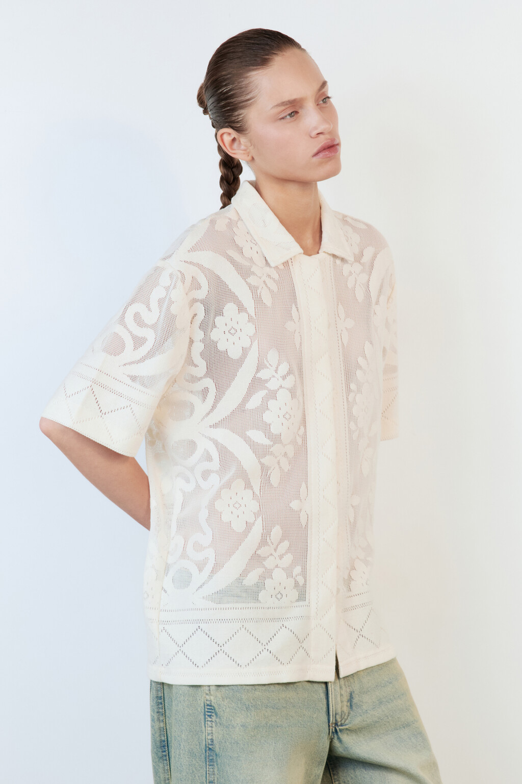 Блузка-рубашка ажурная с узором - цвет молочный - 4