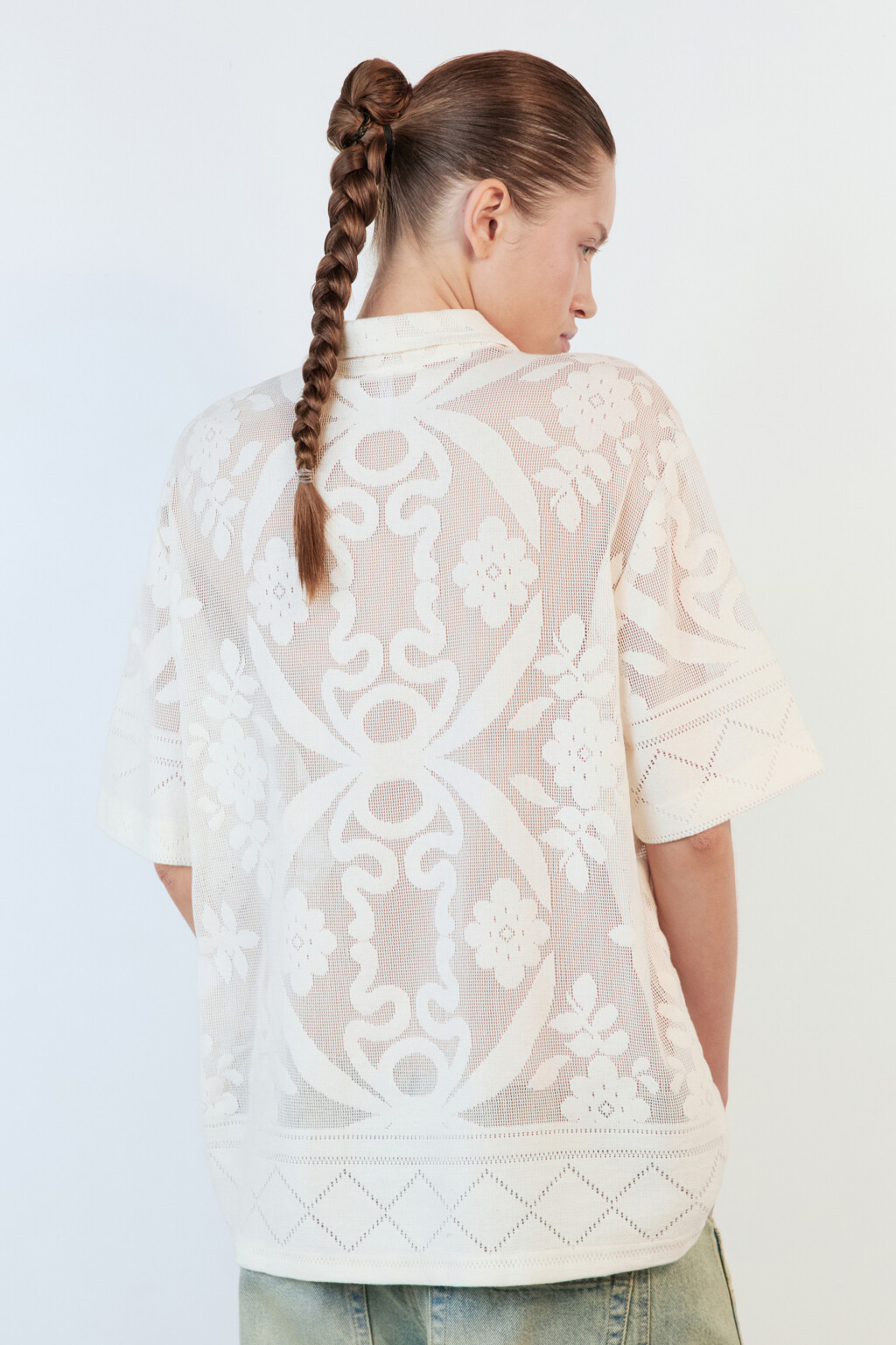 Блузка-рубашка ажурная с узором - цвет молочный - 5