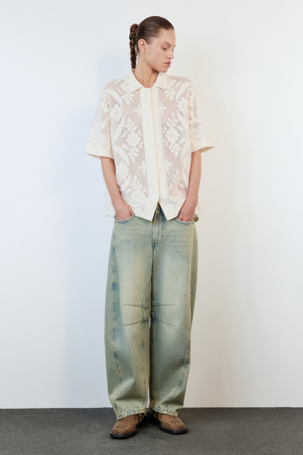 Блузка-рубашка ажурная с узором - цвет молочный - 6