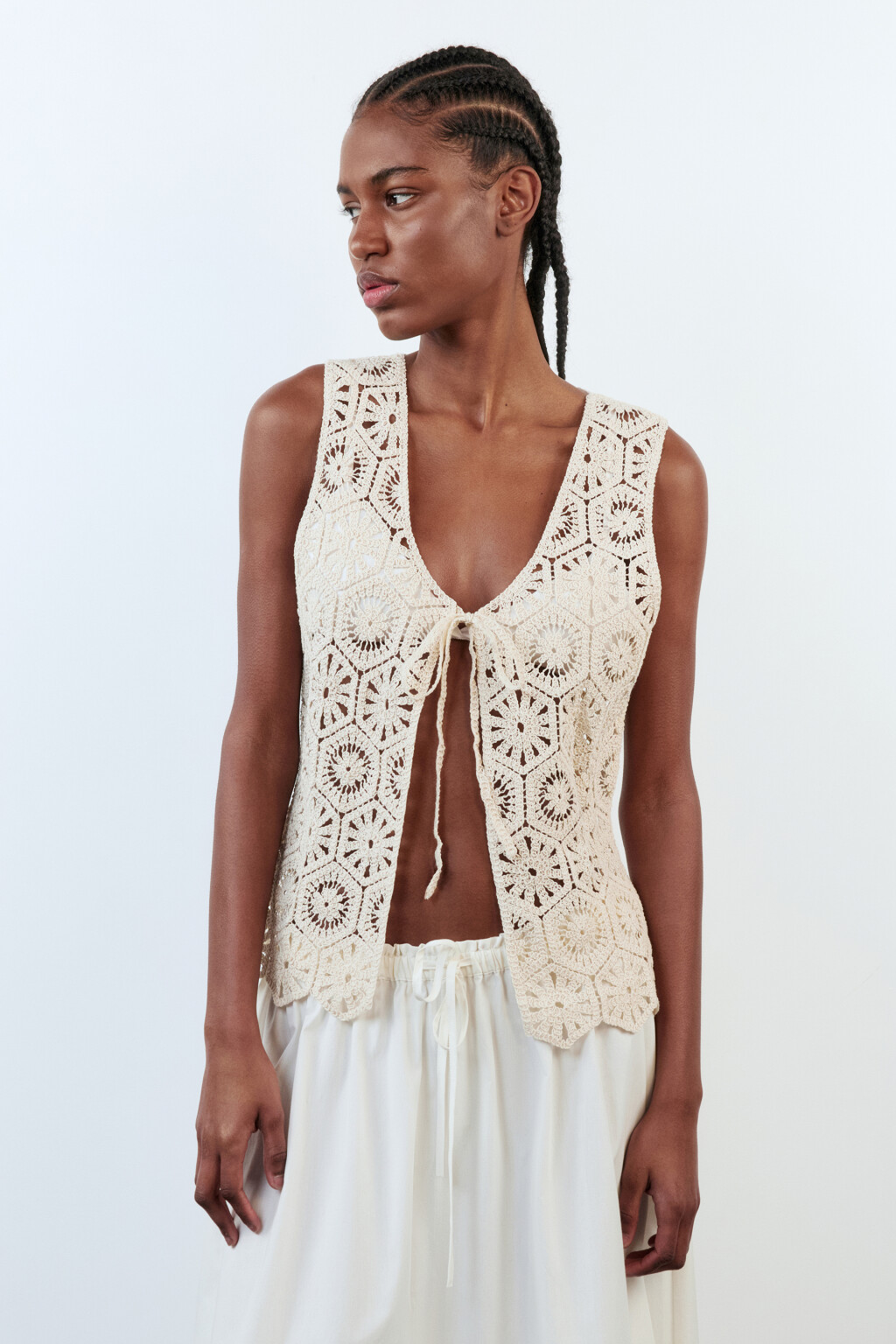 Блузка-топ вязаная ажурная на завязках - цвет молочный - 2