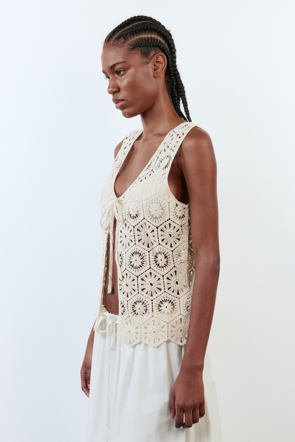 Блузка-топ вязаная ажурная на завязках - цвет молочный - 3