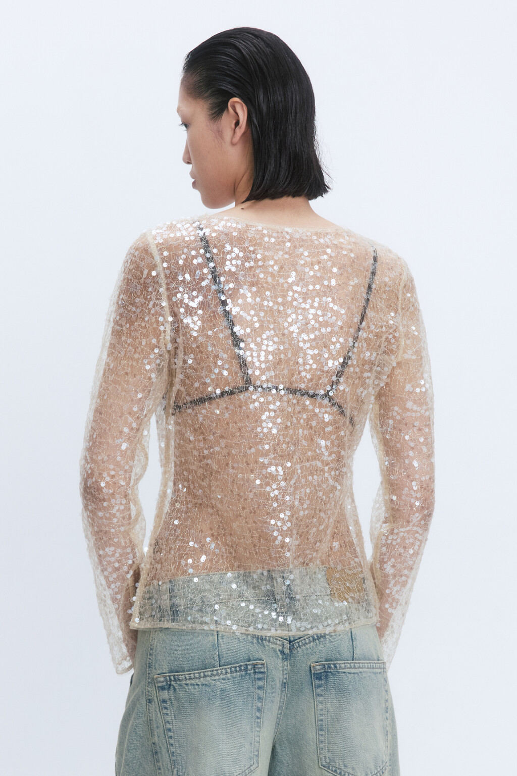 Блузка свободная из сетки с пайетками - цвет серый - 6