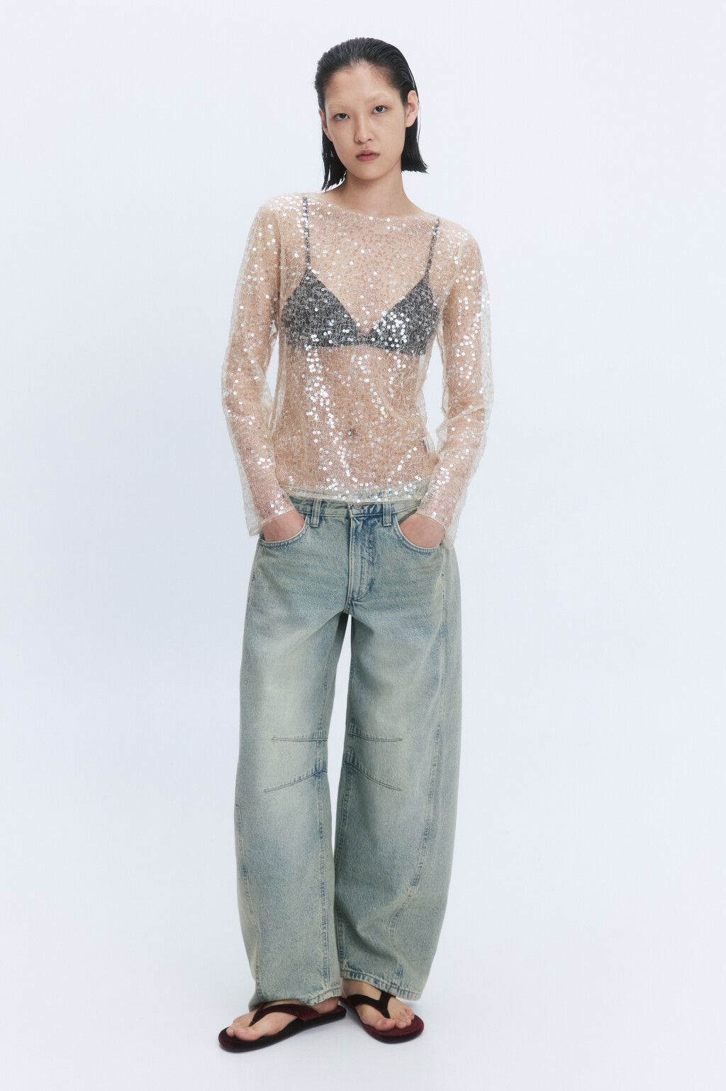 Блузка свободная из сетки с пайетками - цвет серый - 7