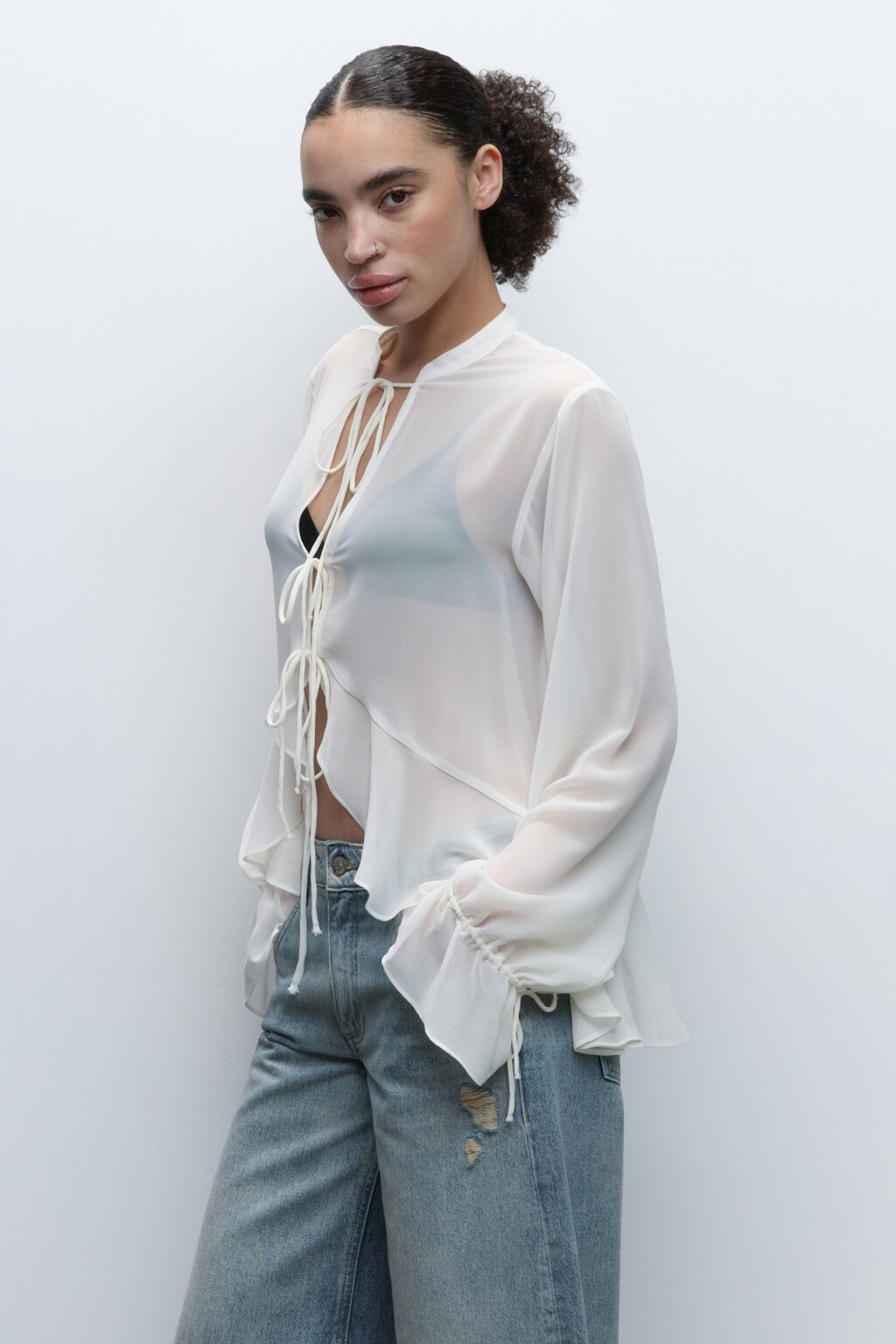 Блузка шифоновая с длинными рукавами и завязками - цвет молочный - 3