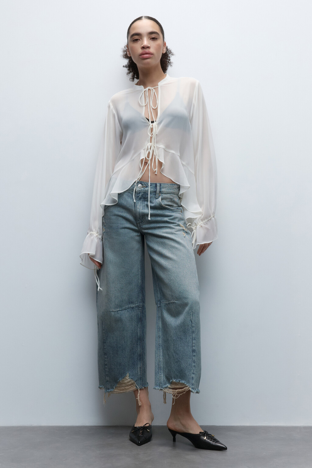 Блузка шифоновая с длинными рукавами и завязками - цвет молочный - 5