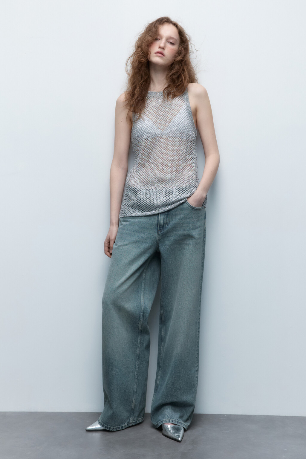 Майка тонкой вязки ажурная с пайетками - цвет серый - 6