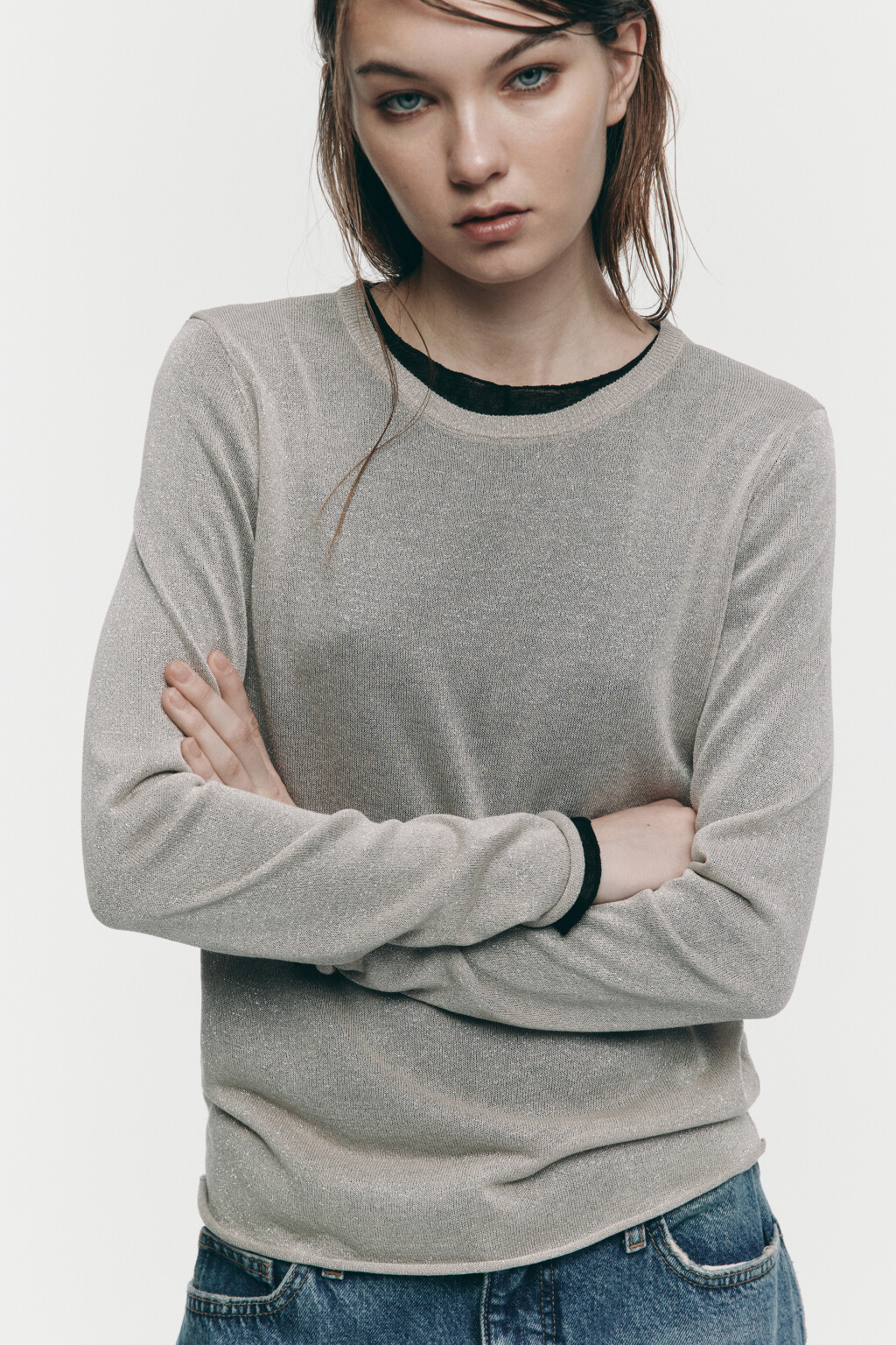 Джемпер тонкой вязки с люрексом - цвет бежевый - 1