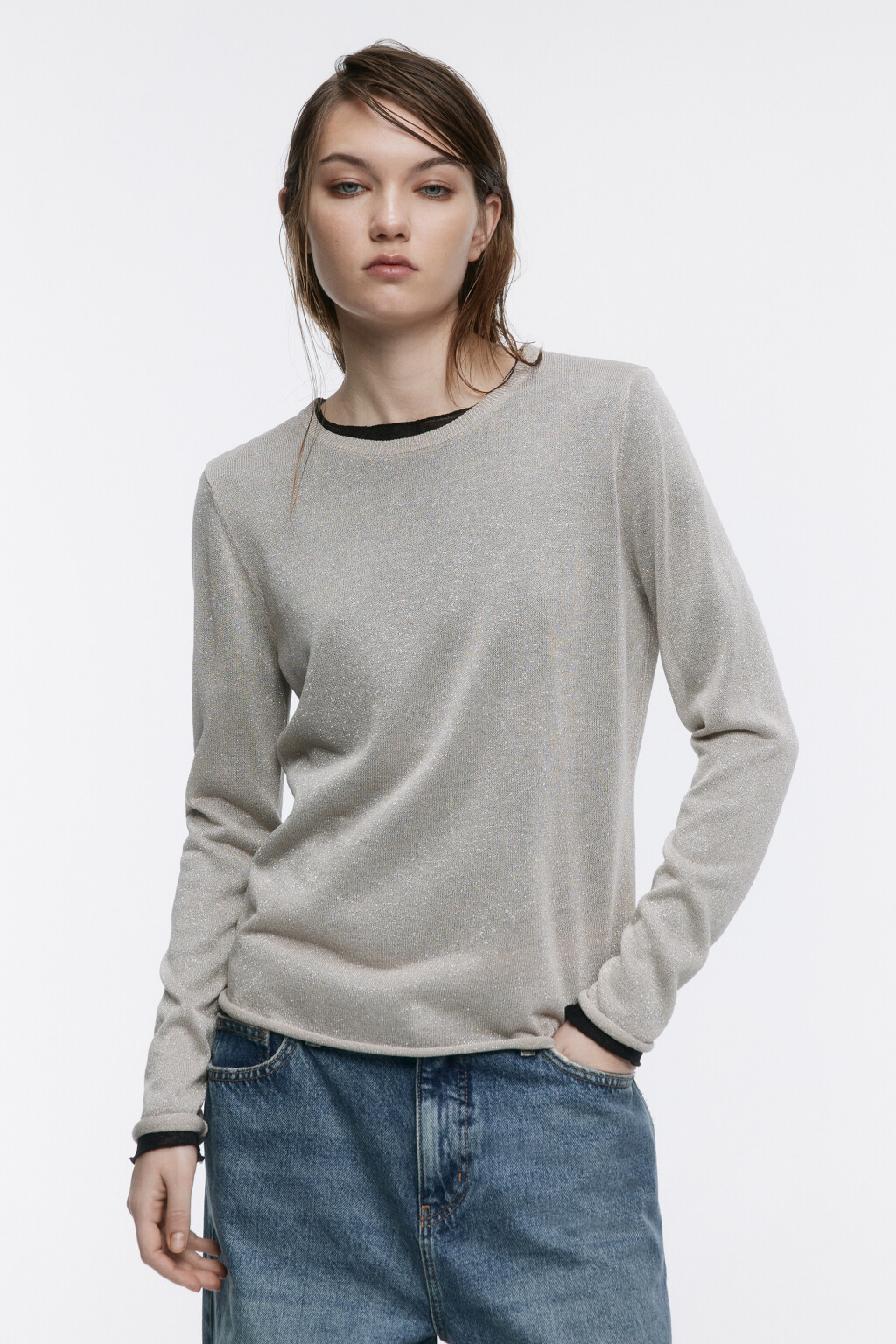 Джемпер тонкой вязки с люрексом - цвет бежевый - 2