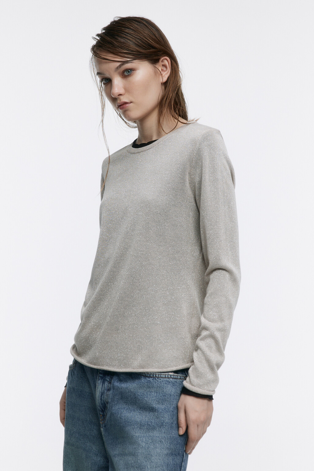 Джемпер тонкой вязки с люрексом - цвет бежевый - 3