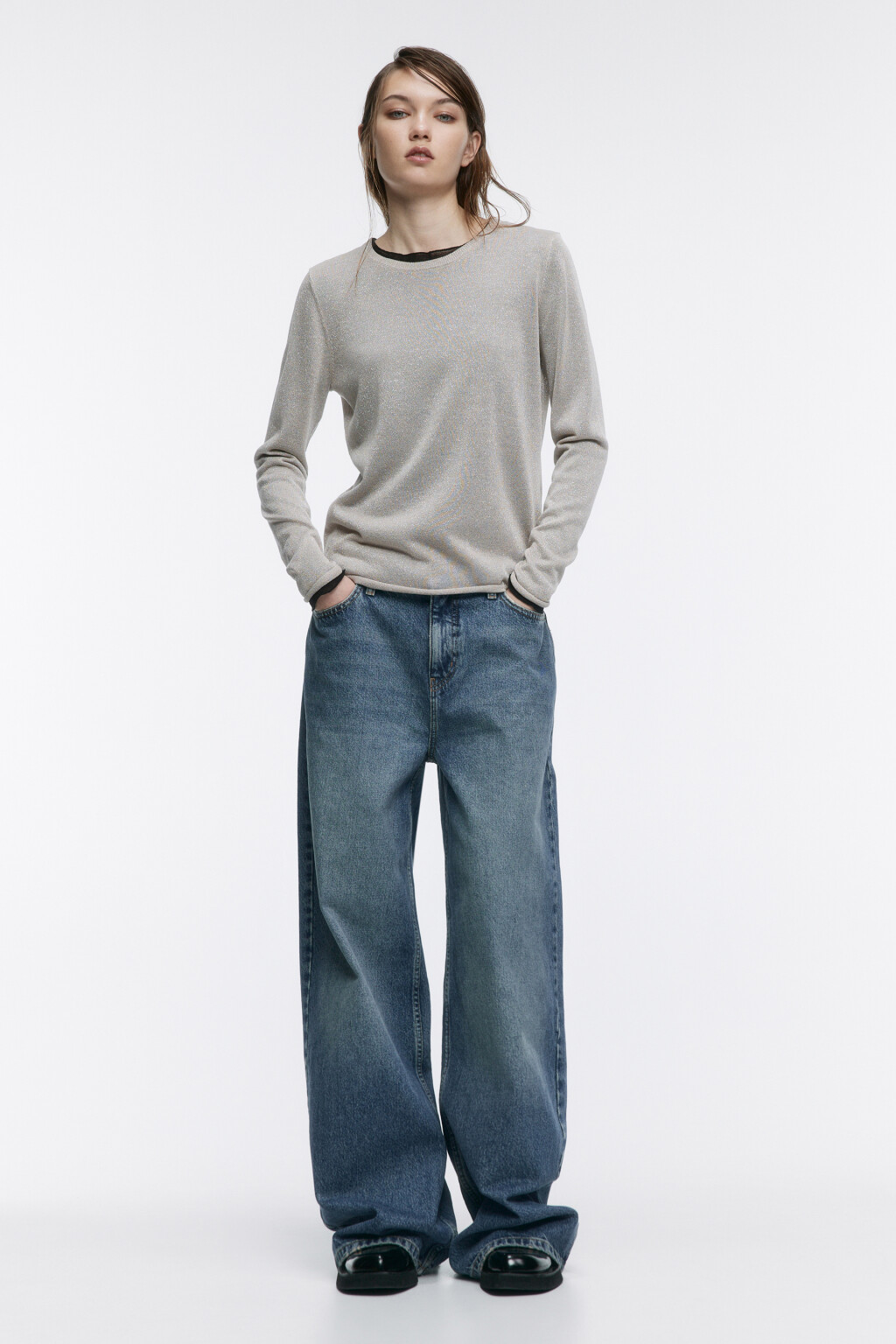 Джемпер тонкой вязки с люрексом - цвет бежевый - 5