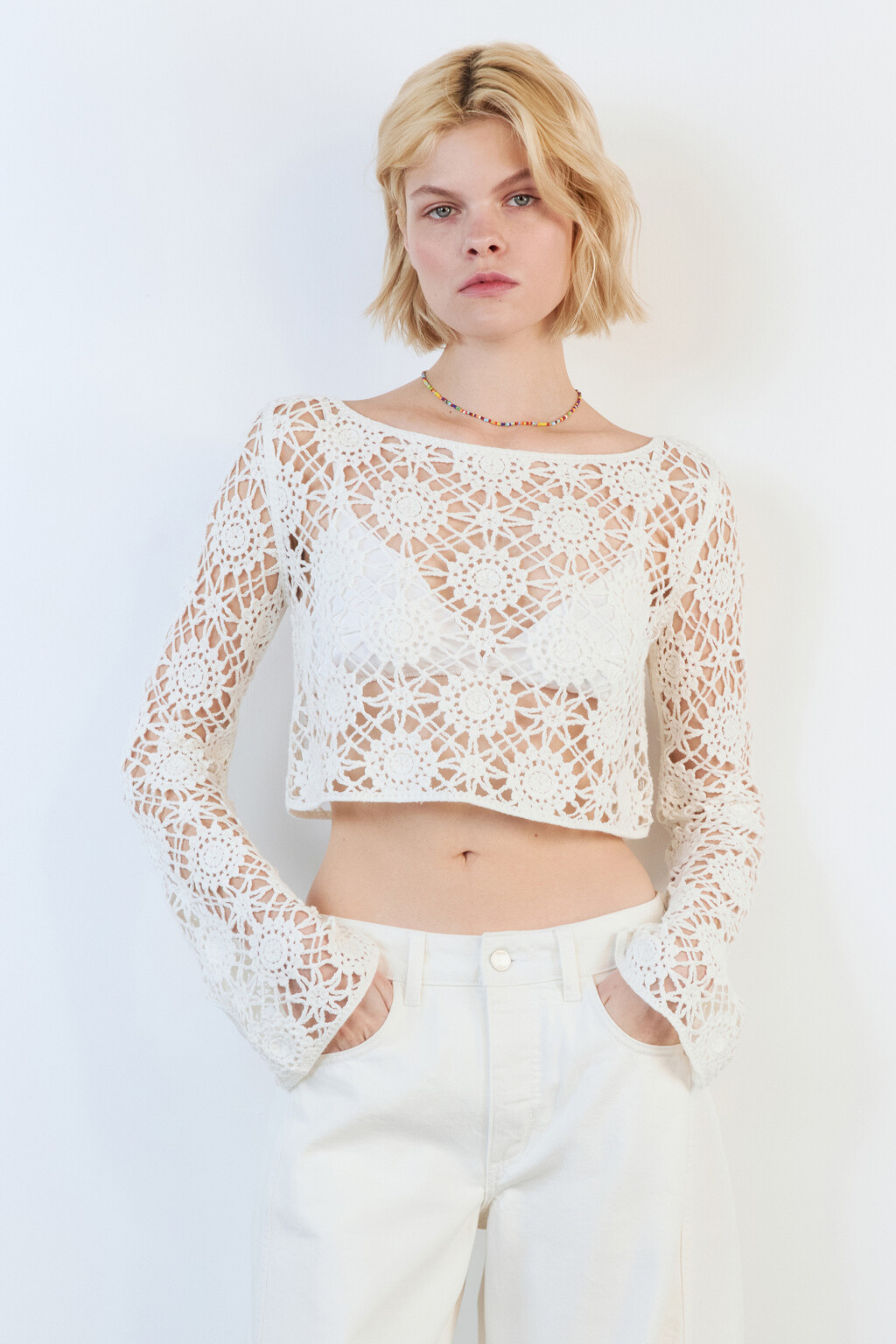 Джемпер вязаный укороченный с узором - цвет бежевый - 3