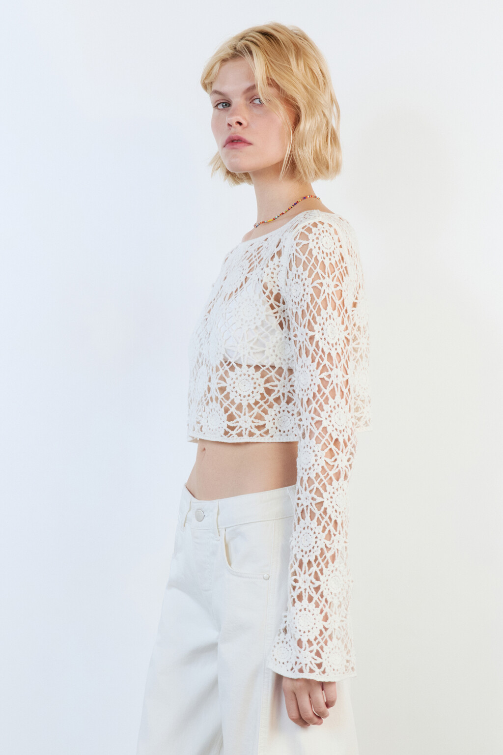 Джемпер вязаный укороченный с узором - цвет бежевый - 4