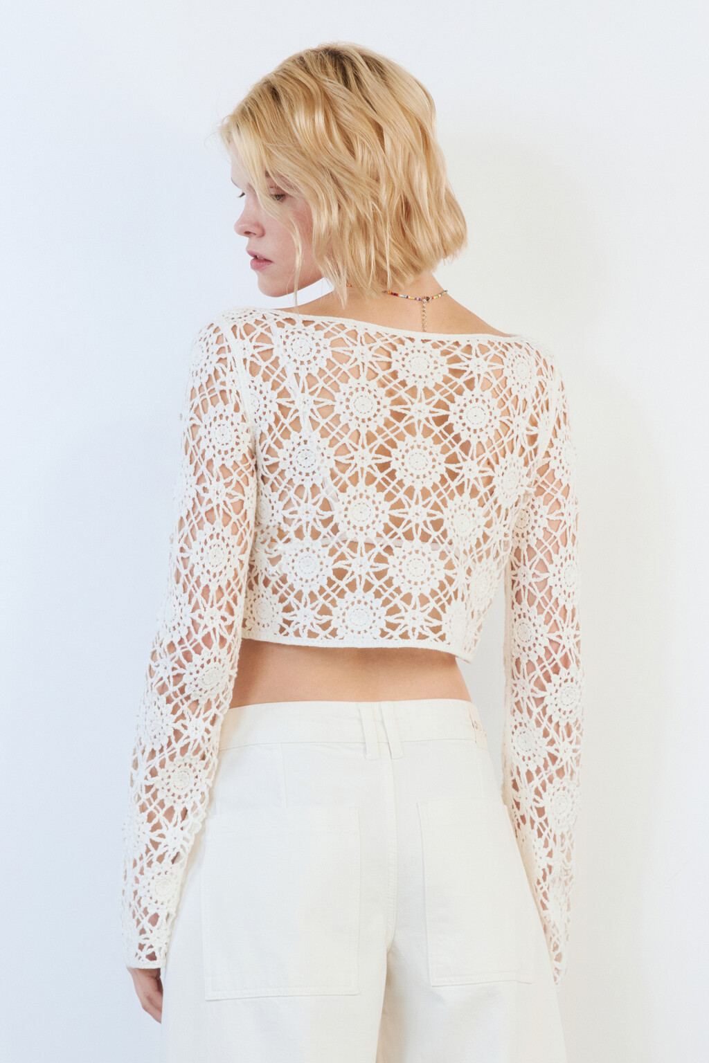 Джемпер вязаный укороченный с узором - цвет бежевый - 5
