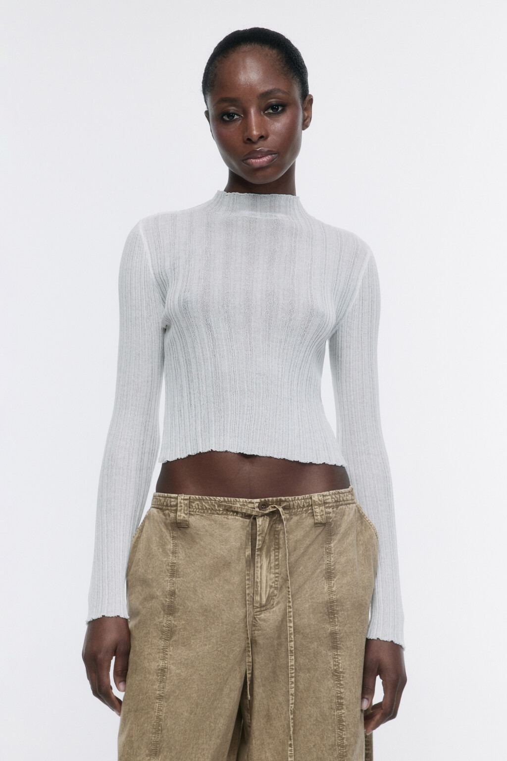 Водолазка укороченная тонкой вязки - цвет бежевый - 2