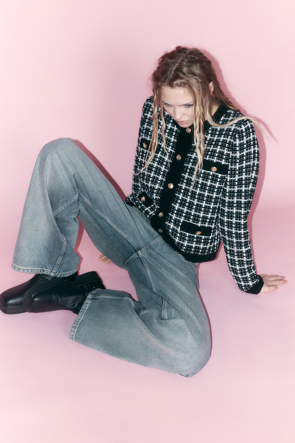 Жакет-кардиган твидовый укороченный - цвет черный - 1