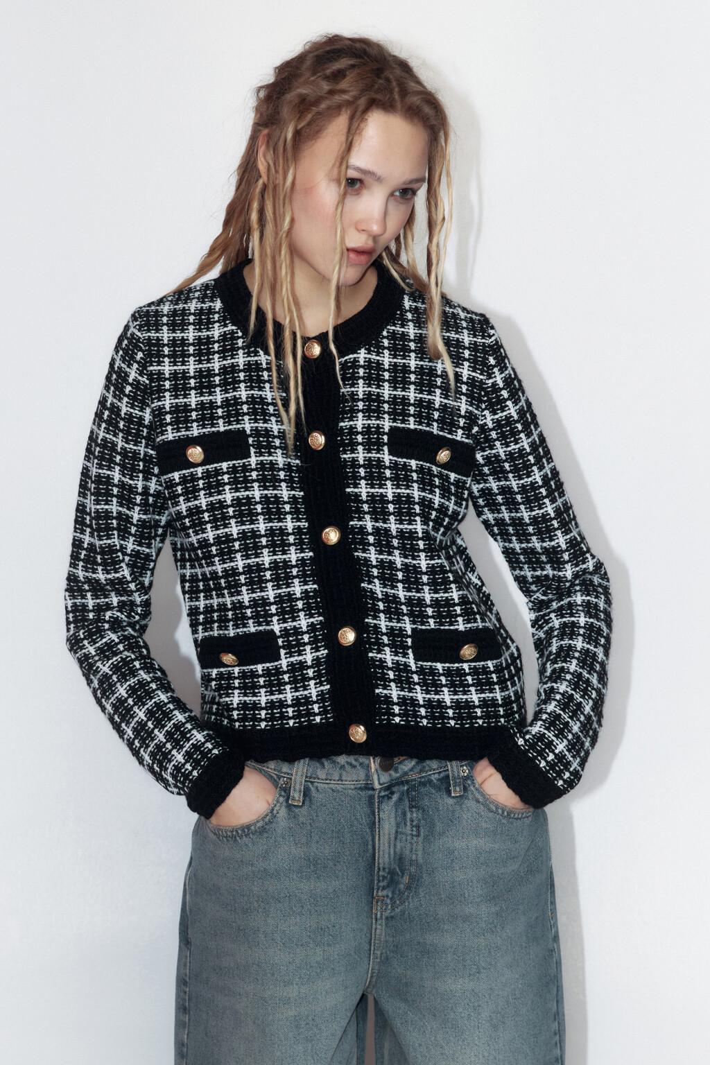 Жакет-кардиган твидовый укороченный - цвет черный - 2