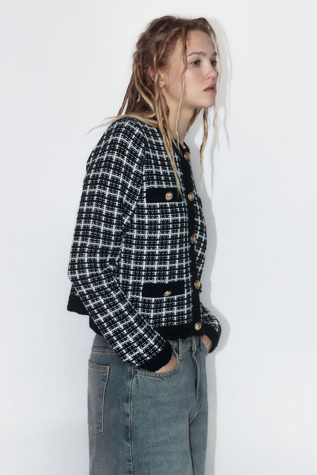 Жакет-кардиган твидовый укороченный - цвет черный - 3