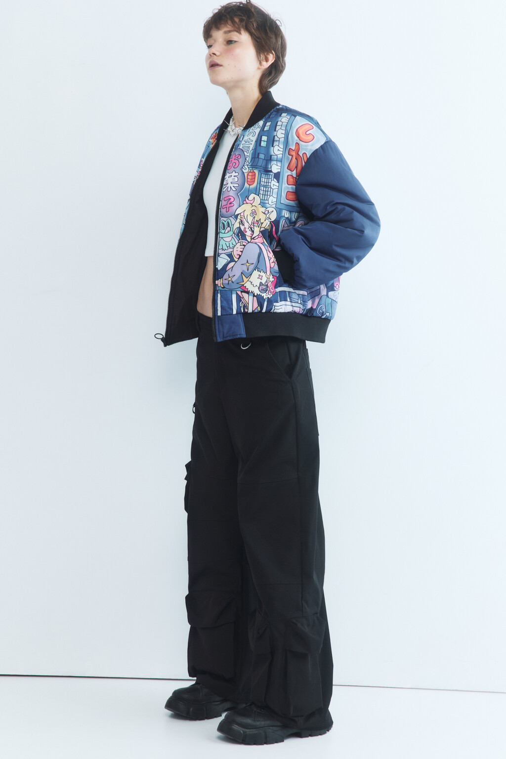 Куртка-бомбер двусторонняя утепленная - цвет черный - 1