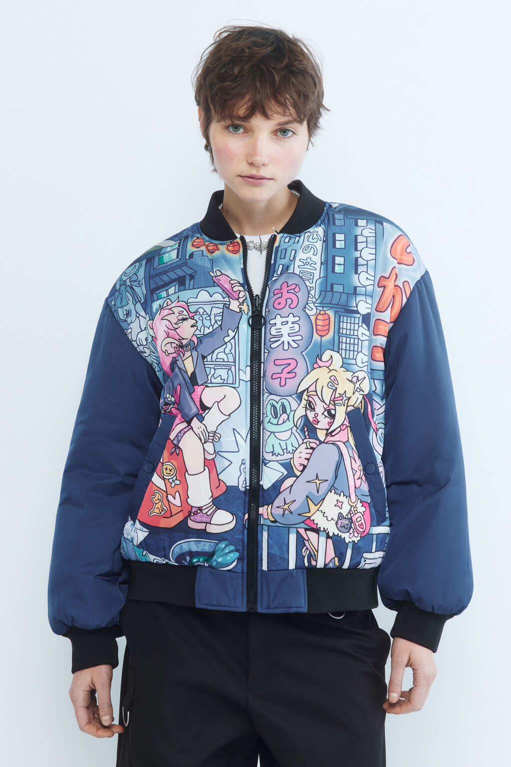 Куртка-бомбер двусторонняя утепленная - цвет черный - 3