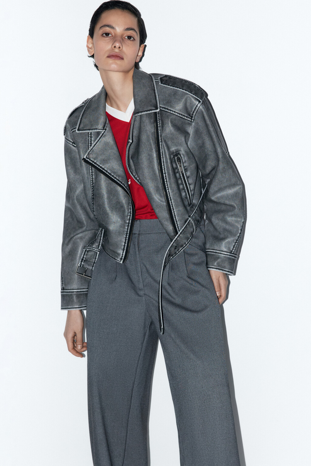 Куртка-косуха байкерская укороченная - цвет серый - 1