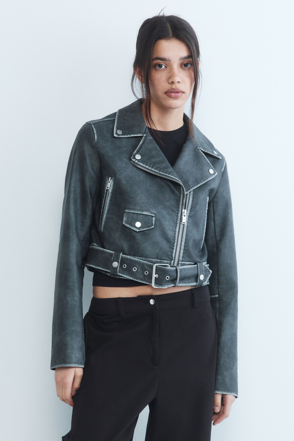 Куртка-косуха с состаренным эффектом - цвет серый - 3