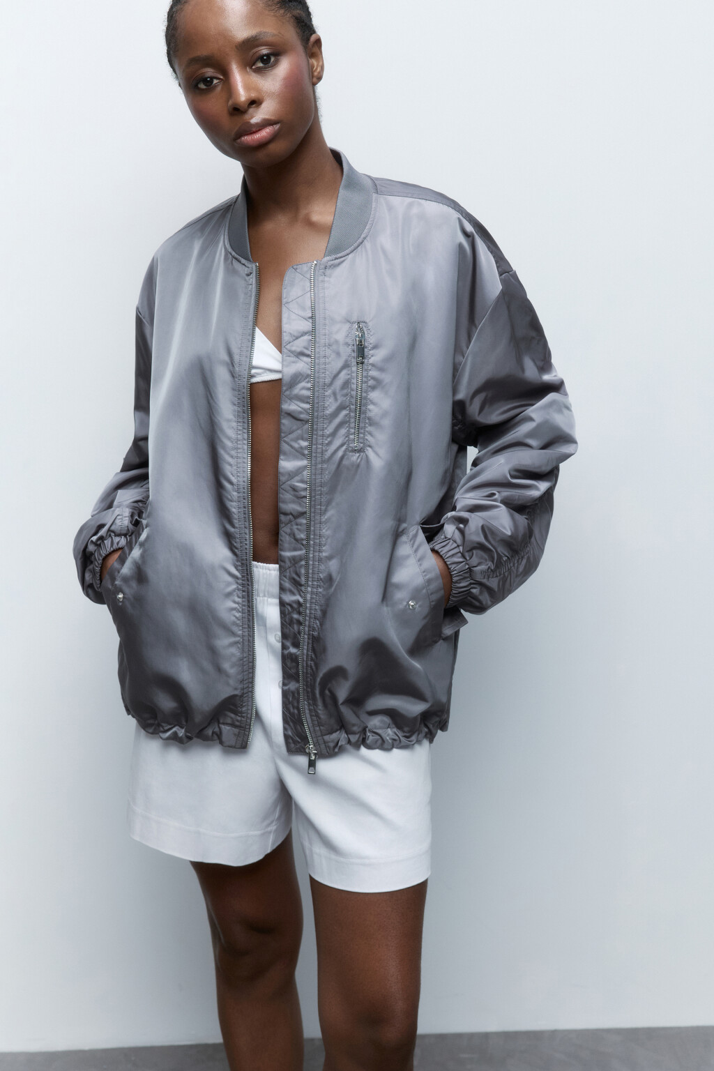 Куртка-бомбер oversize с драпировками - цвет серый - 1