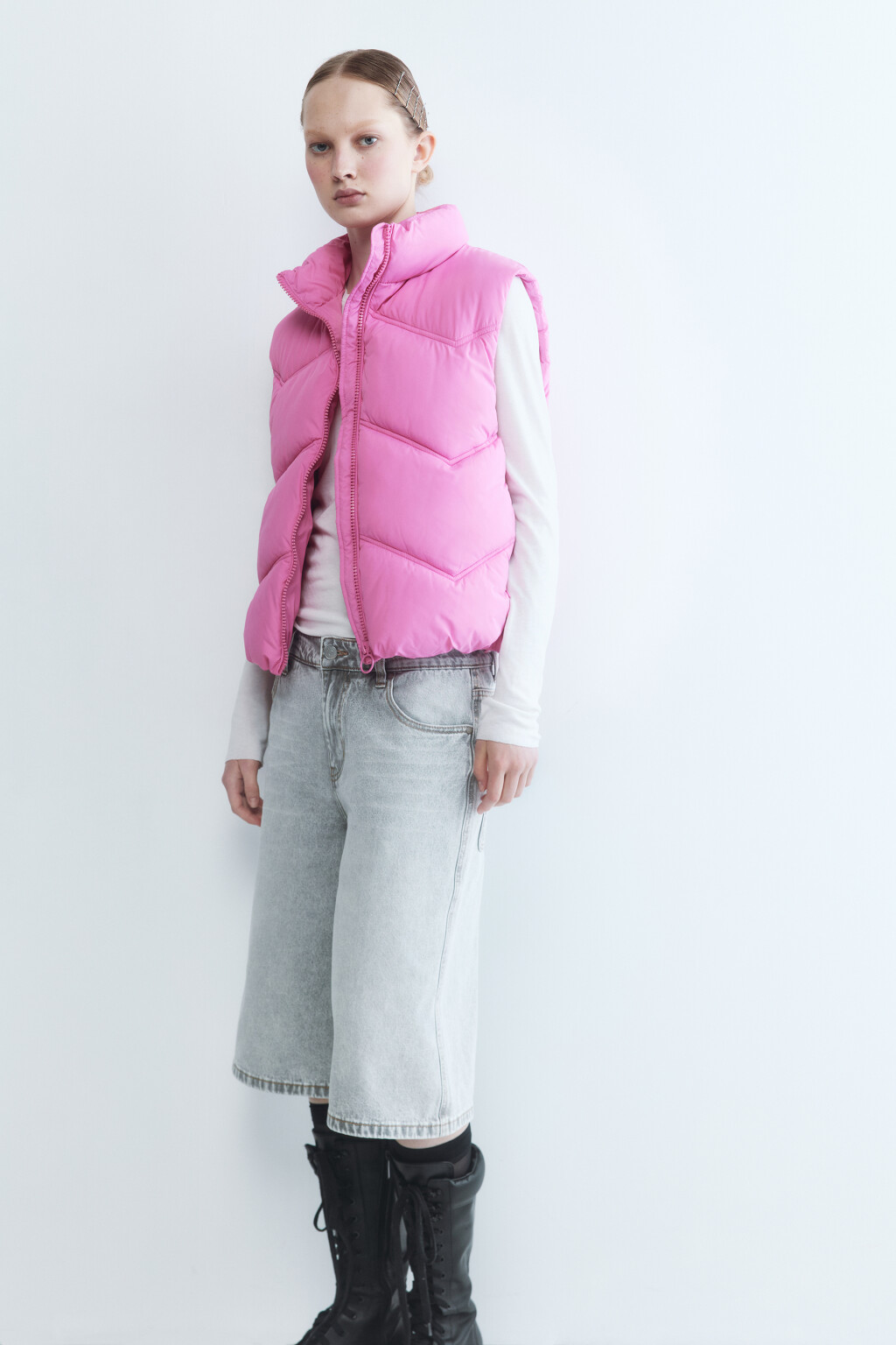 Жилет стеганый утепленный с воротником - цвет розовый - 1