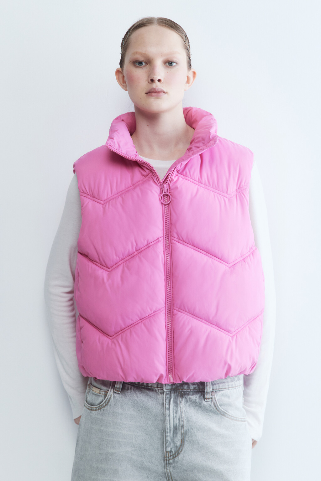 Жилет стеганый утепленный с воротником - цвет розовый - 2