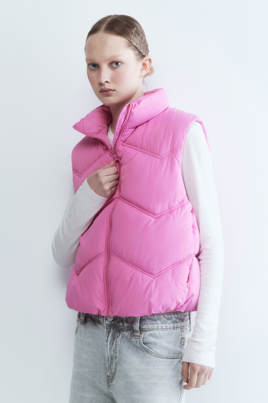 Жилет стеганый утепленный с воротником - цвет розовый - 3