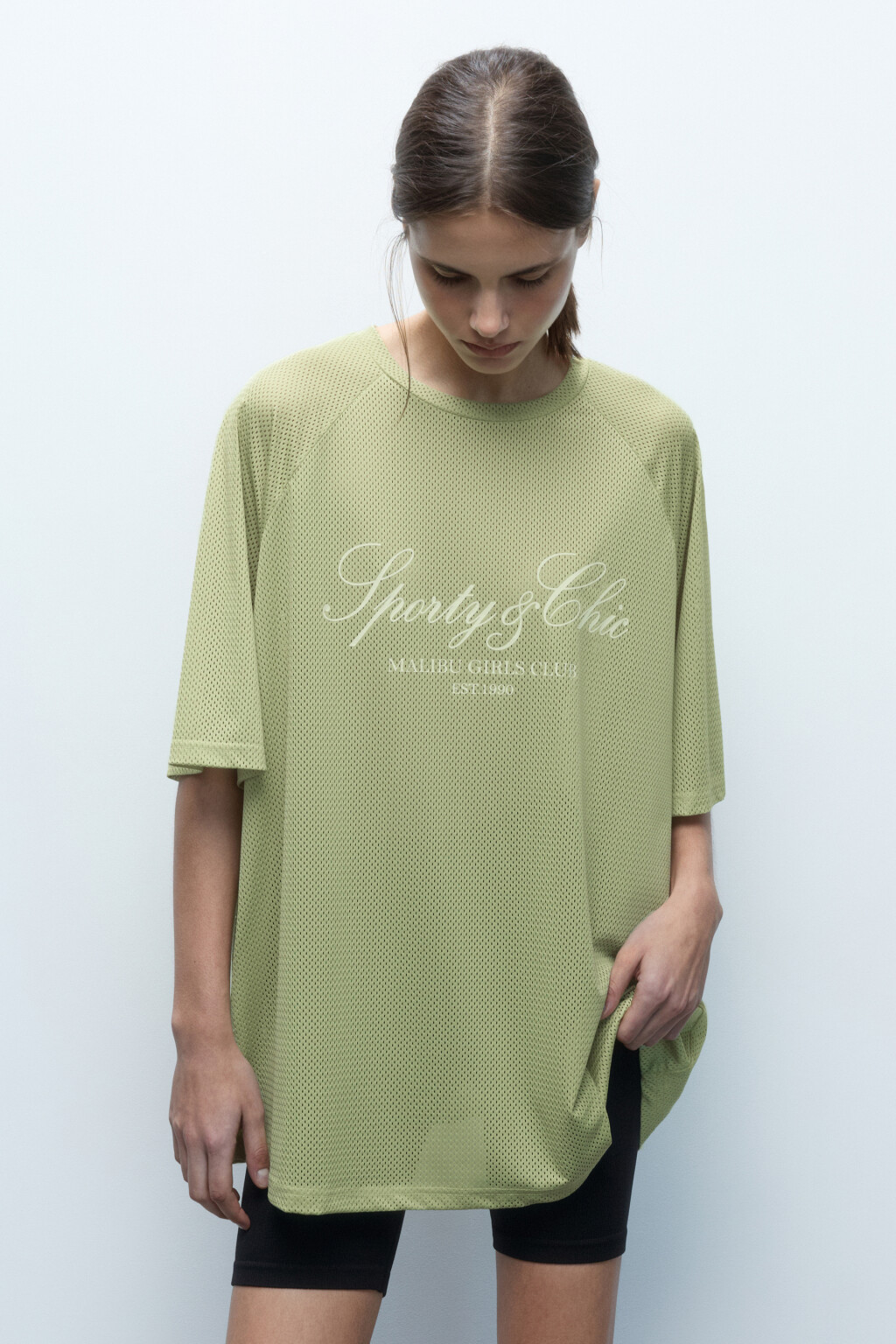 Футболка oversize спортивная из сетки с принтом - цвет зеленый - 2