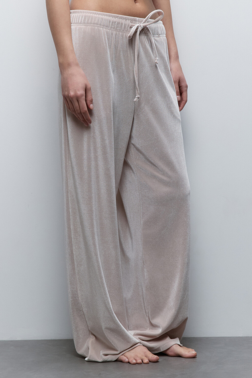 Брюки домашние велюровые с поясом на завязках - цвет бежевый - 2