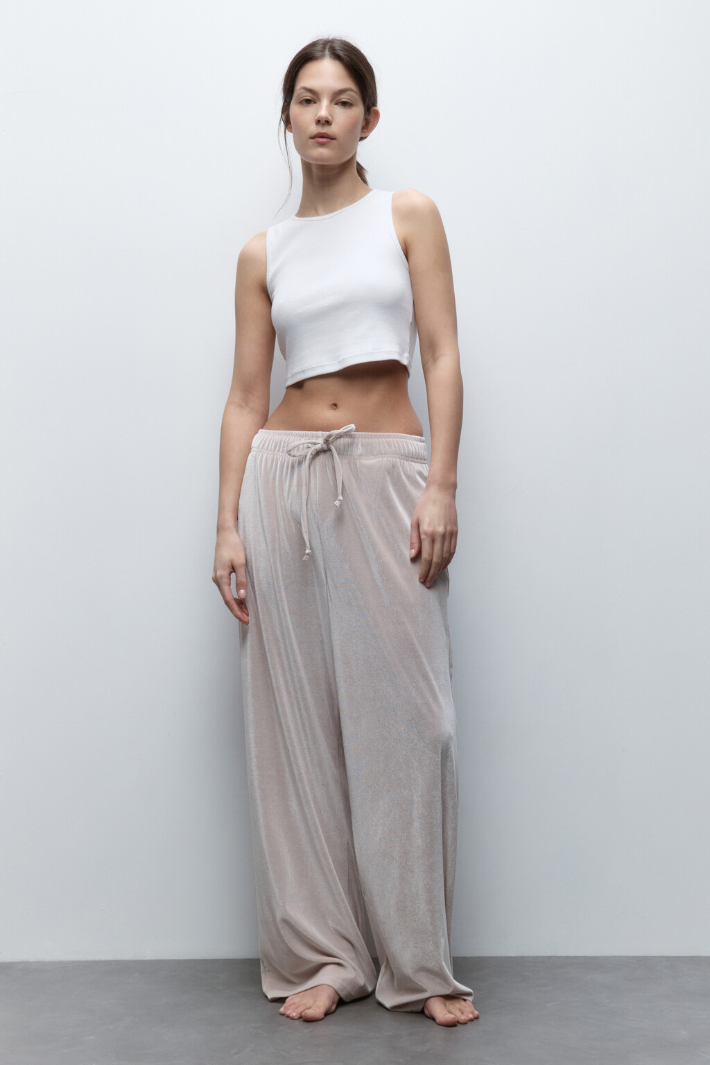 Брюки домашние велюровые с поясом на завязках - цвет бежевый - 5