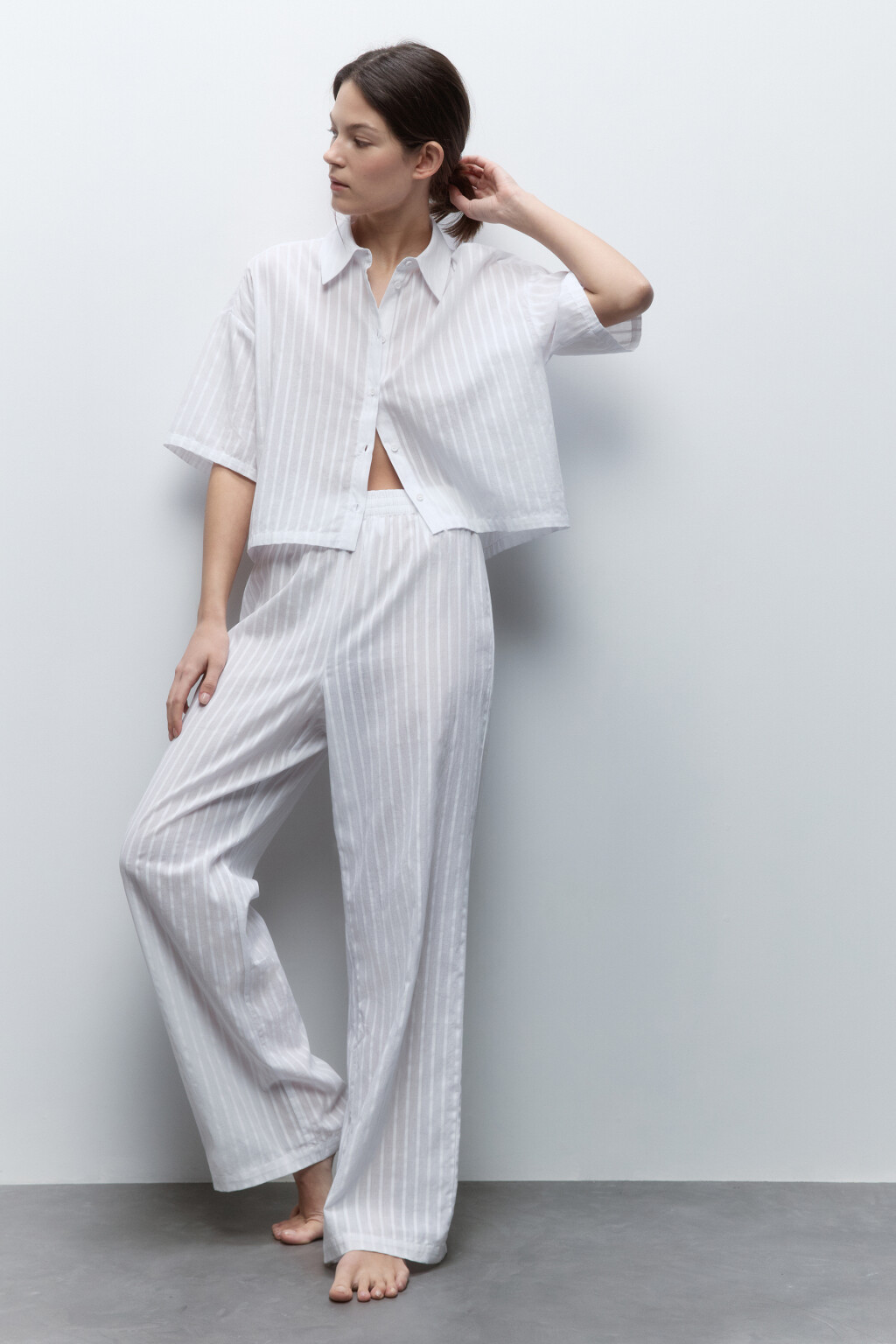 Брюки домашние хлопковые с поясом-резинкой - цвет белый - 1