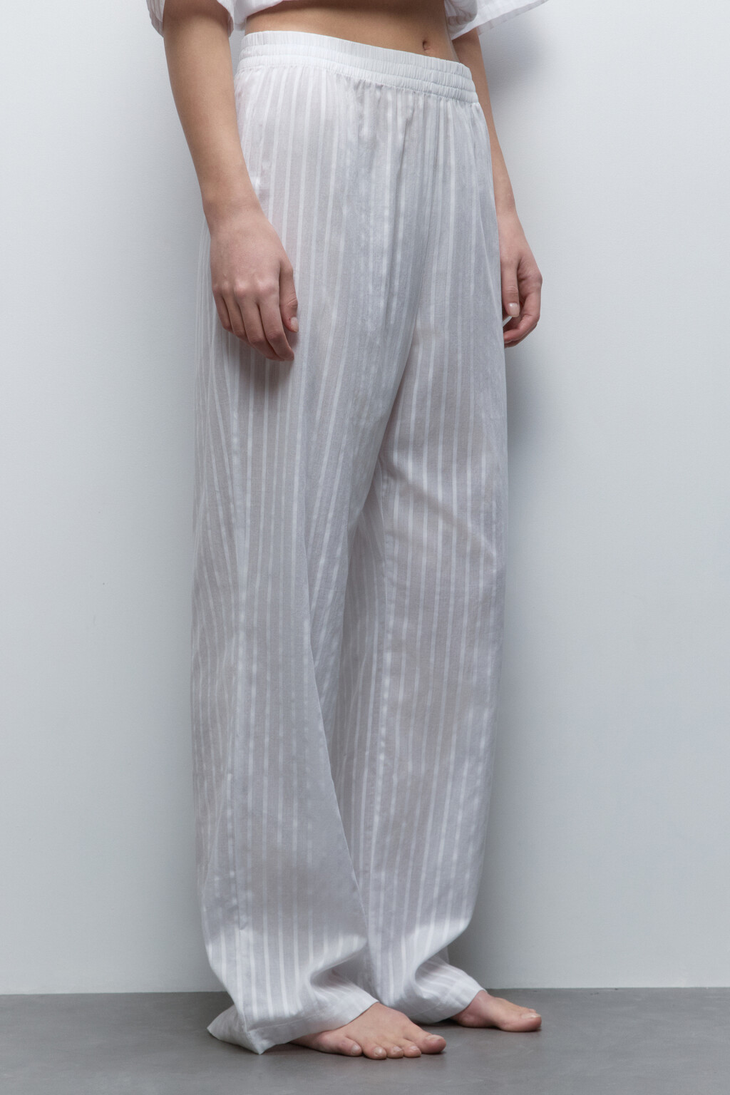 Брюки домашние хлопковые с поясом-резинкой - цвет белый - 3