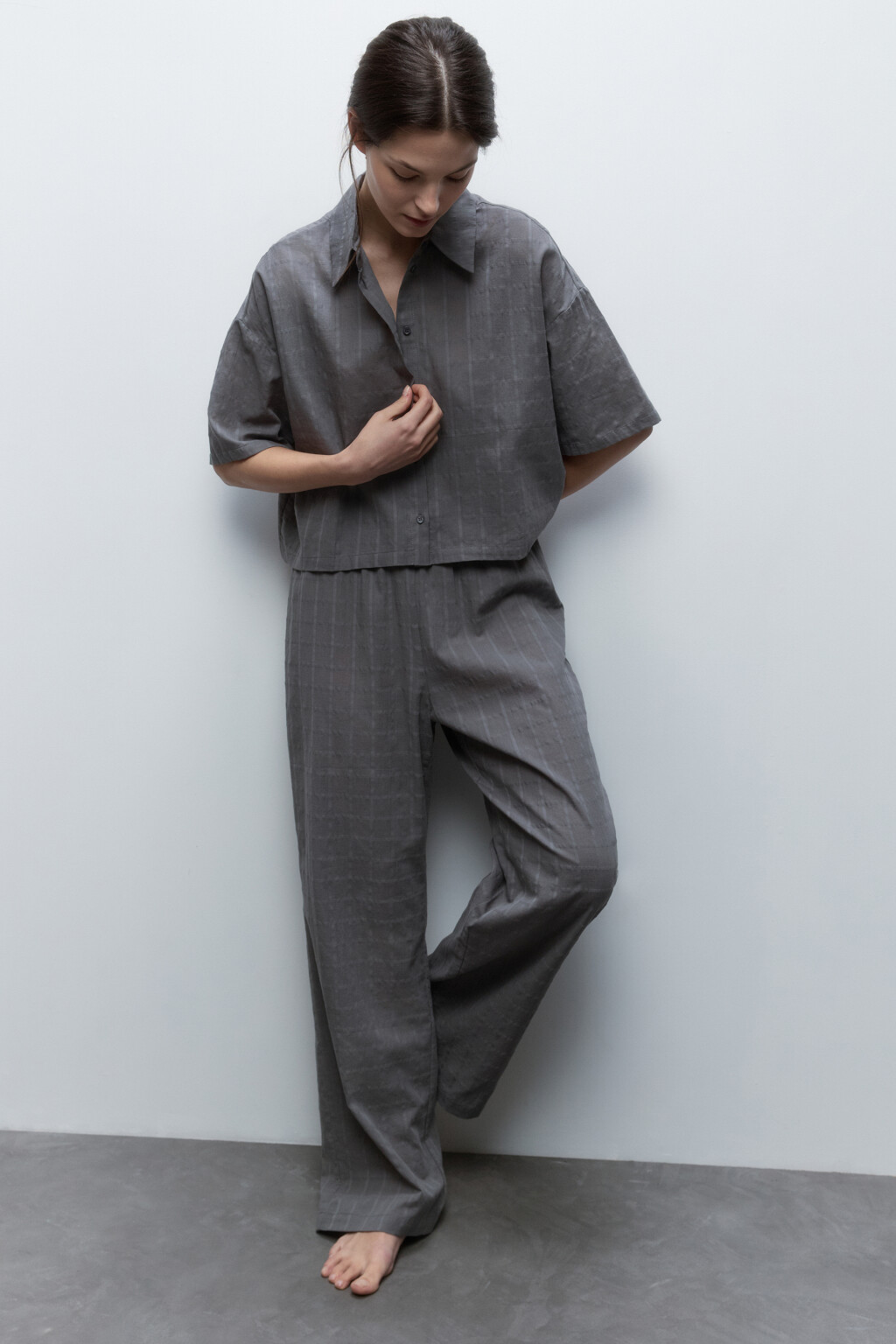 Брюки домашние хлопковые с поясом-резинкой - цвет серый - 1