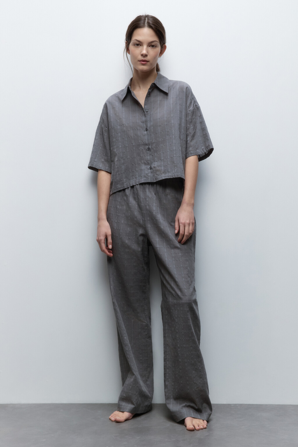 Брюки домашние хлопковые с поясом-резинкой - цвет серый - 5