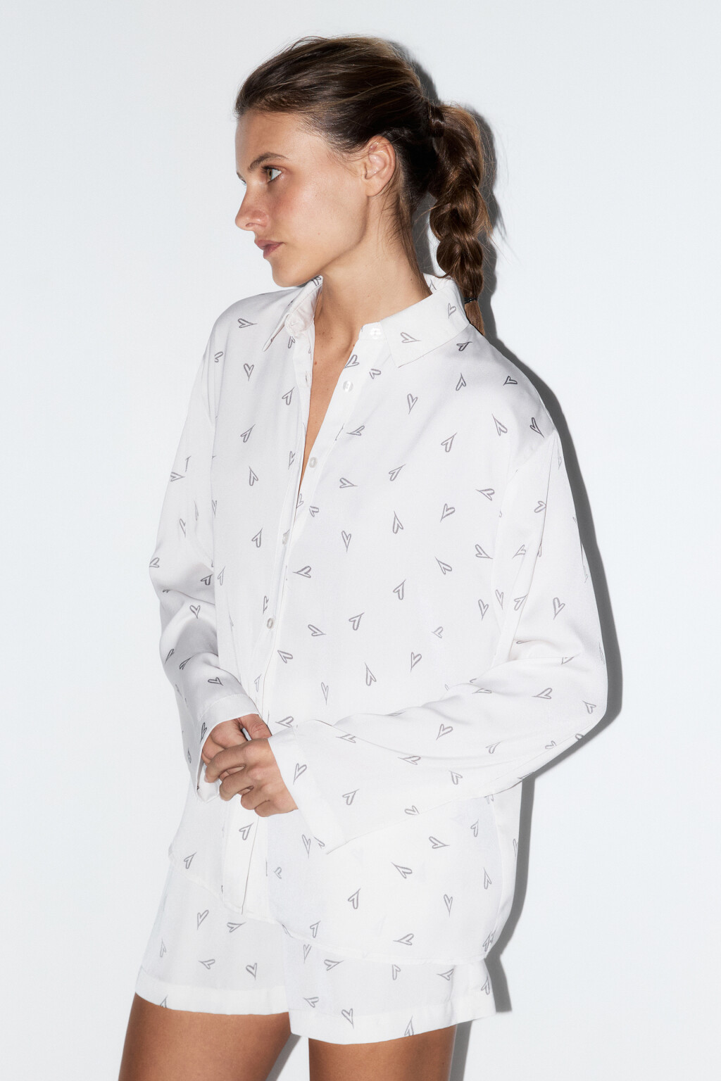 Блузка домашняя атласная с принтом - цвет бежевый - 3