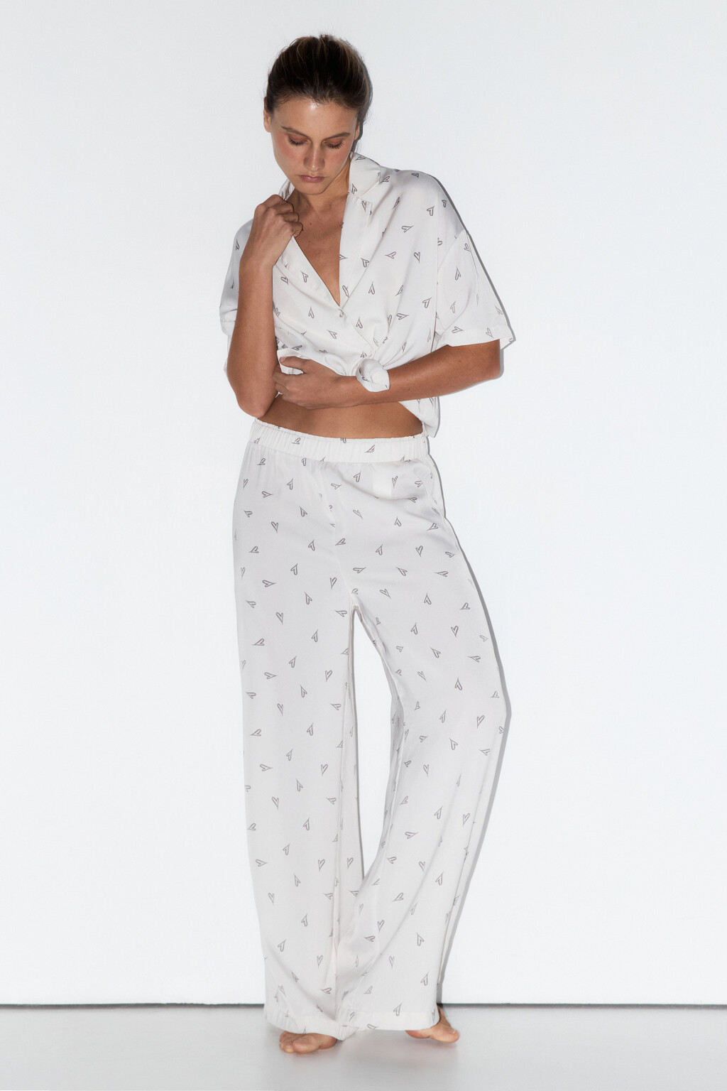 Блузка домашняя атласная с принтом - цвет бежевый - 5