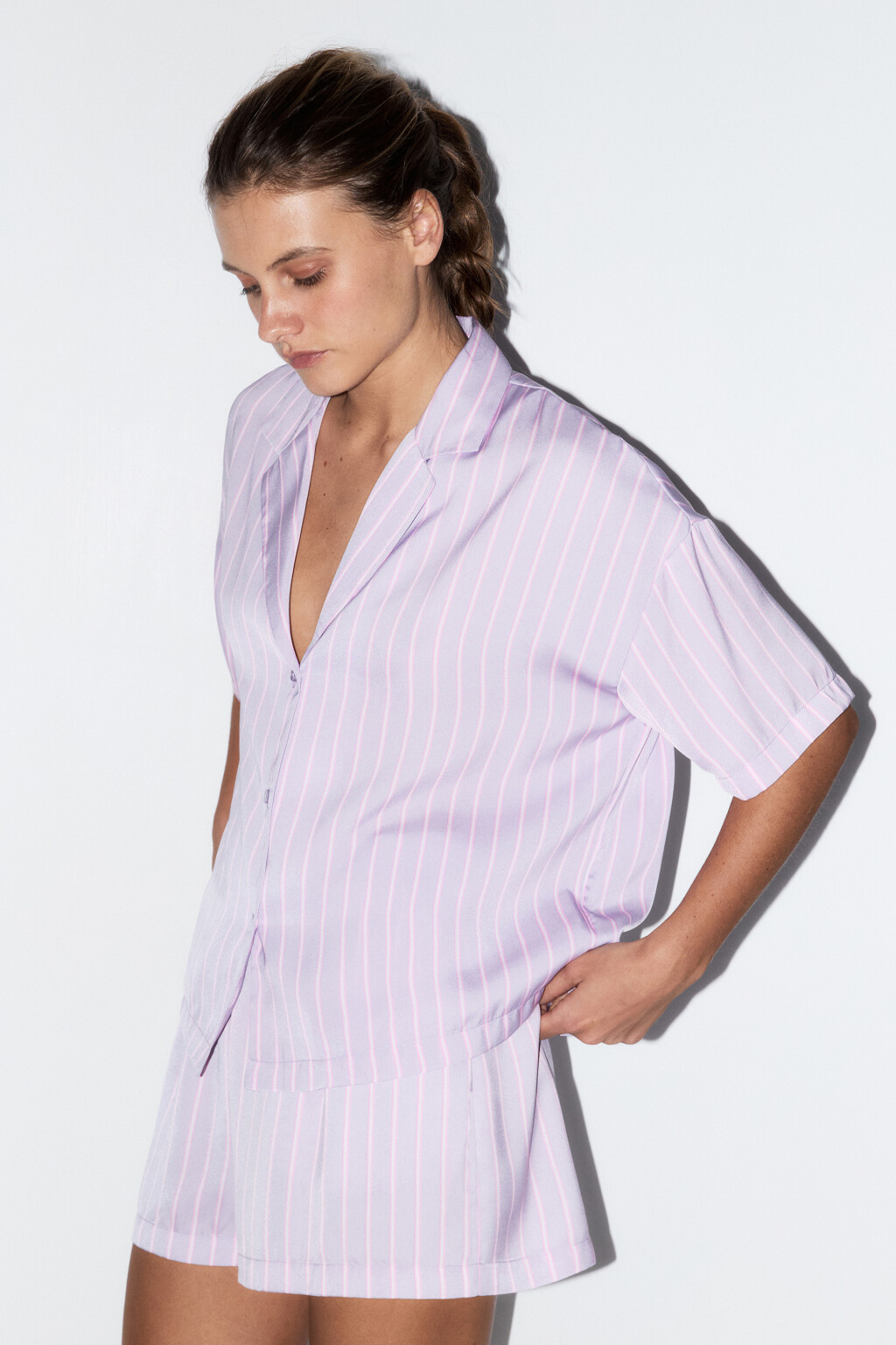 Блузка домашняя атласная с принтом - цвет сиреневый - 3