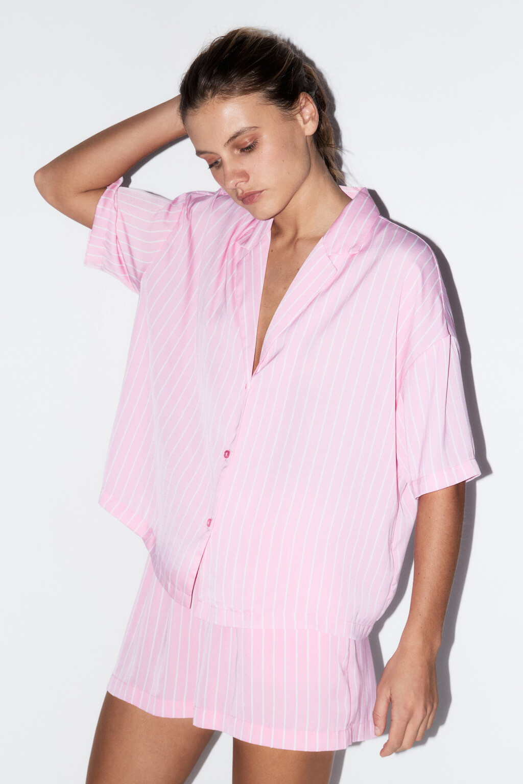 Блузка домашняя атласная с принтом - цвет розовый - 3