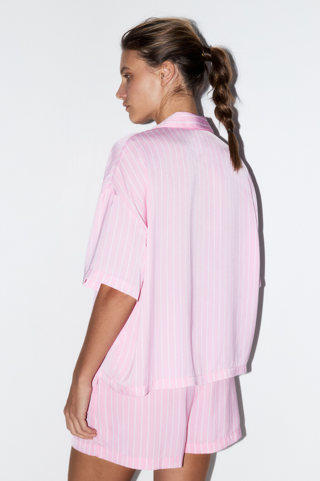 Блузка домашняя атласная с принтом - цвет розовый - 4