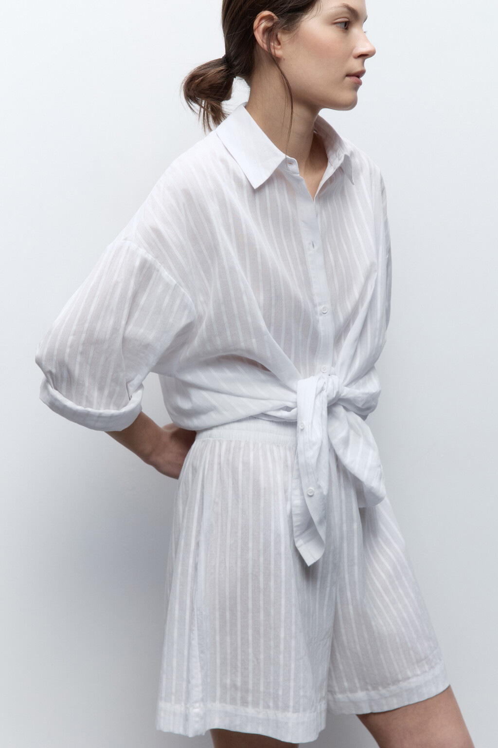 Блузка домашняя хлопковая с длинным рукавом - цвет белый - 1