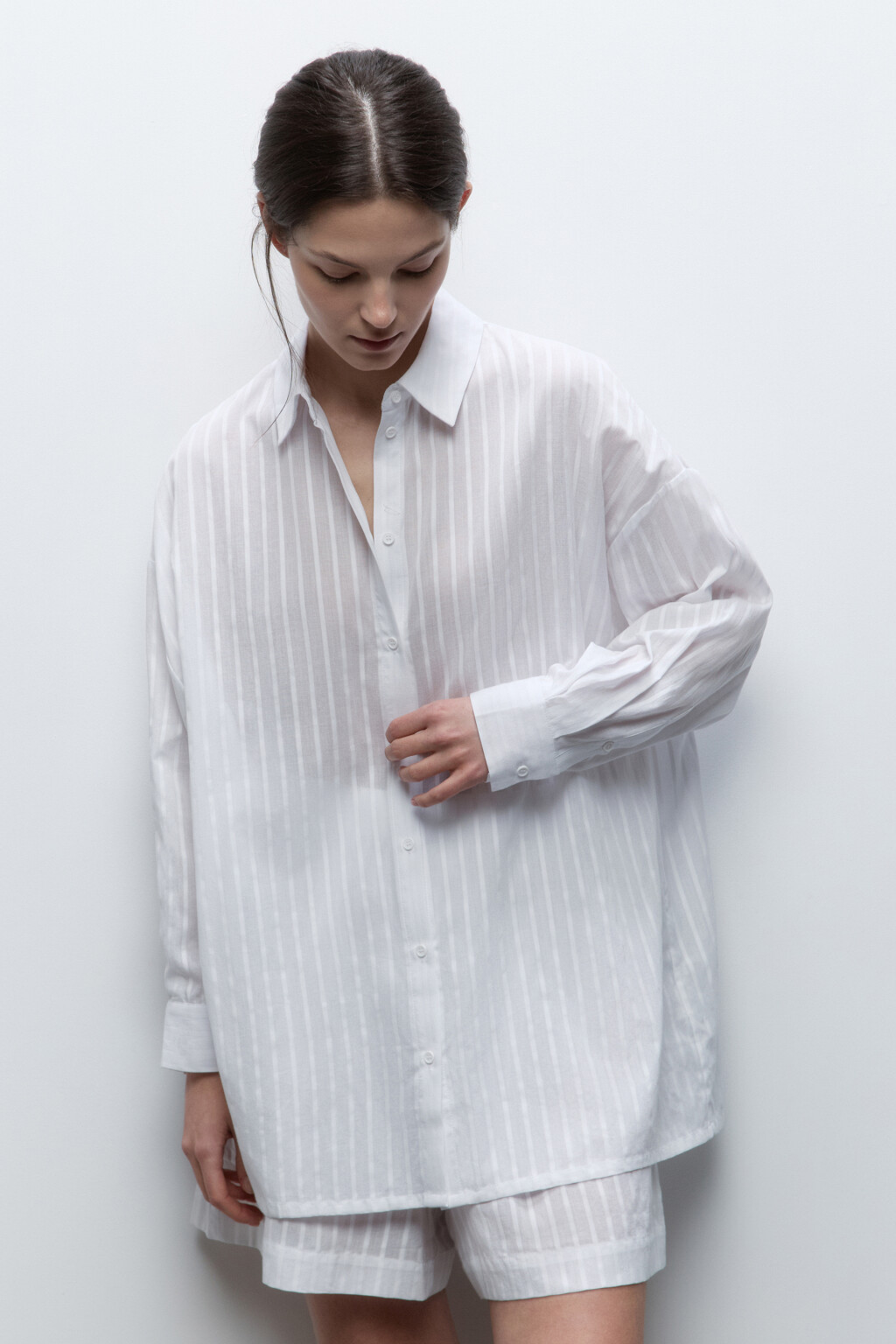 Блузка домашняя хлопковая с длинным рукавом - цвет белый - 2