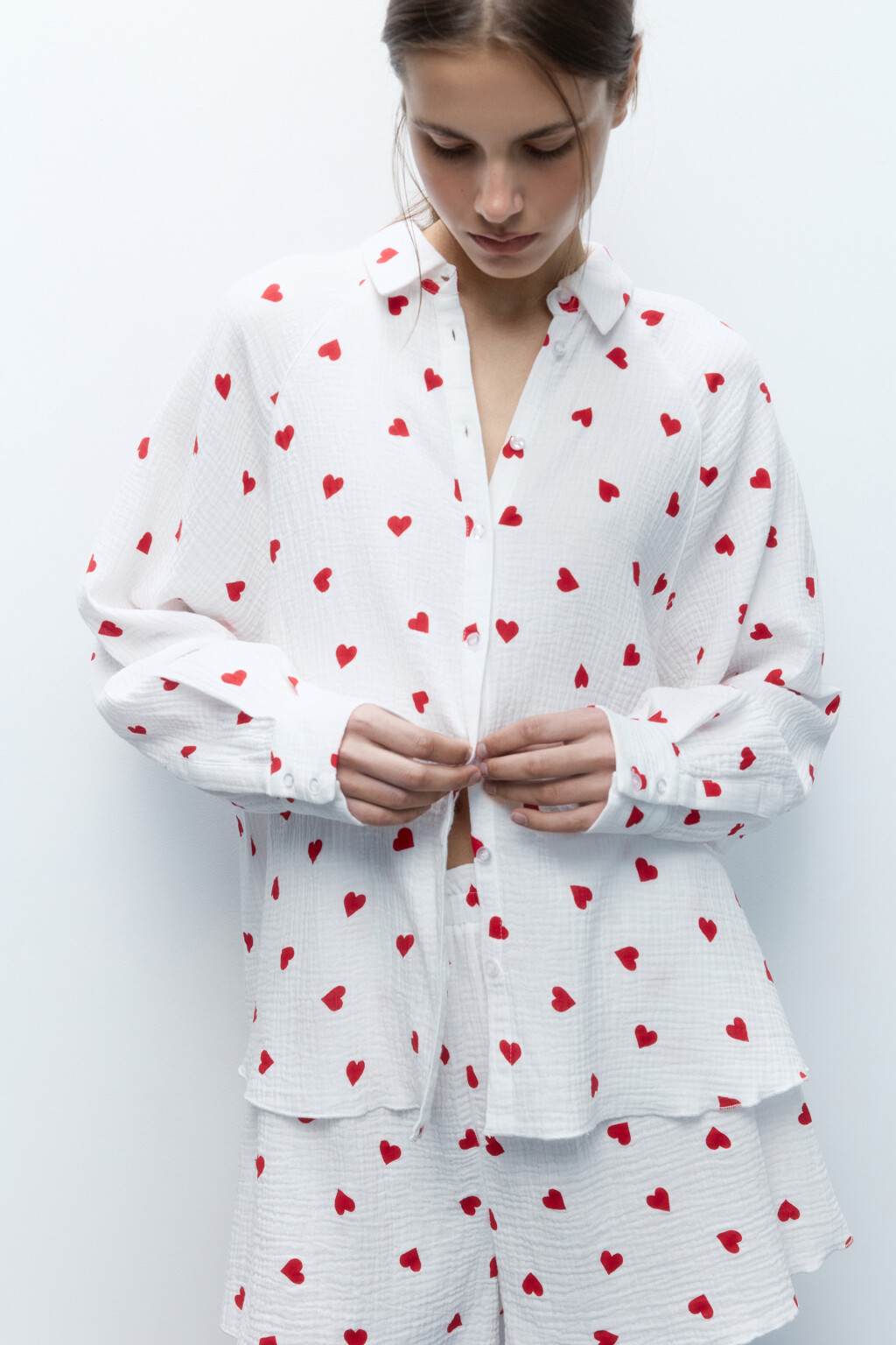 Блузка oversize домашняя хлопковая в сердечко - цвет красный - 1