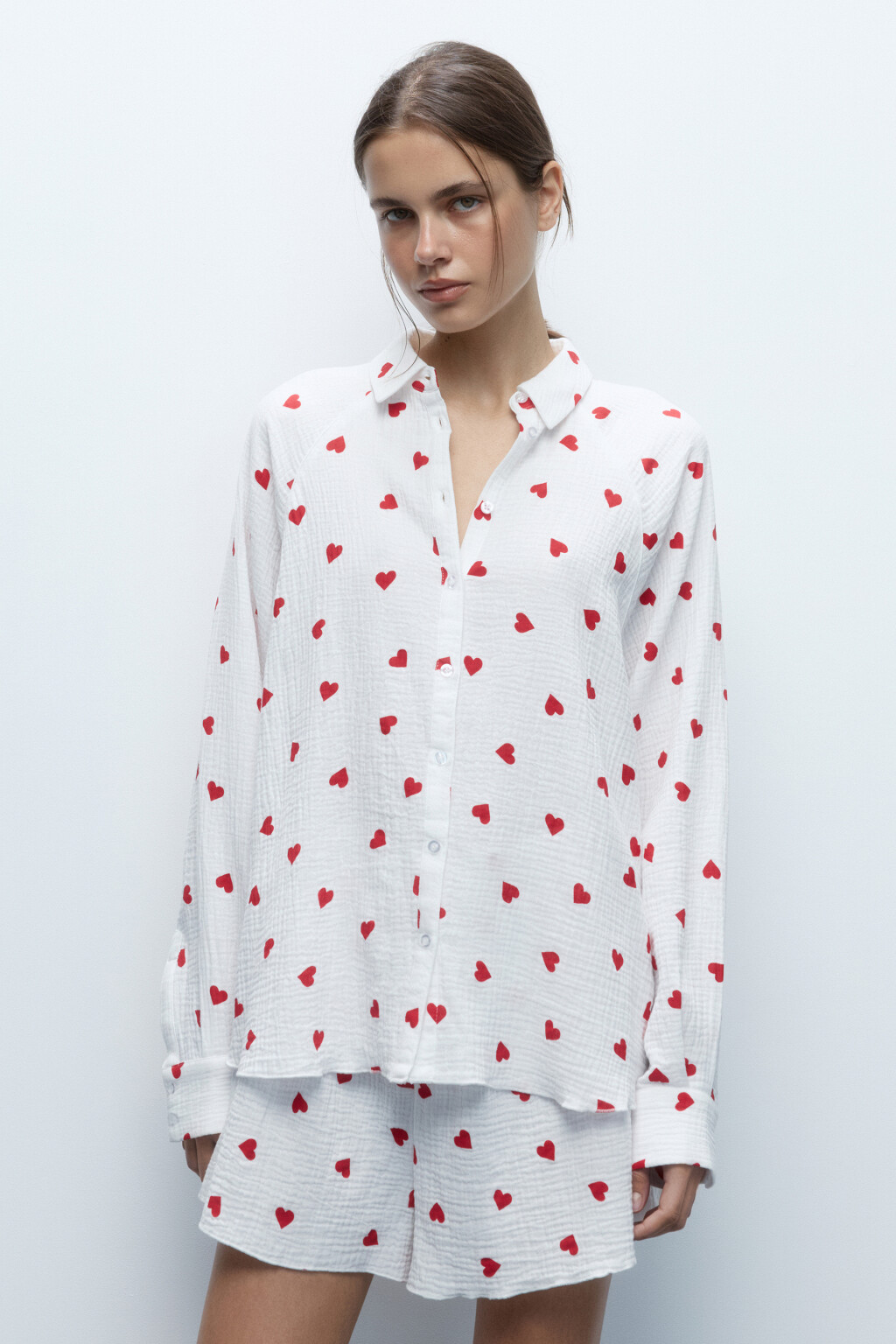 Блузка oversize домашняя хлопковая в сердечко - цвет красный - 2