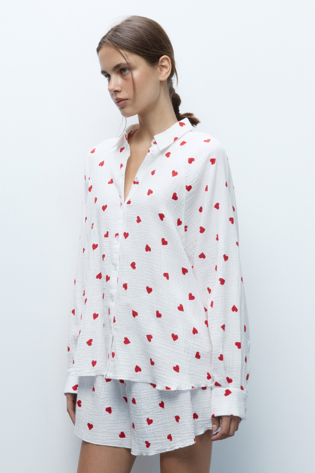 Блузка oversize домашняя хлопковая в сердечко - цвет красный - 3
