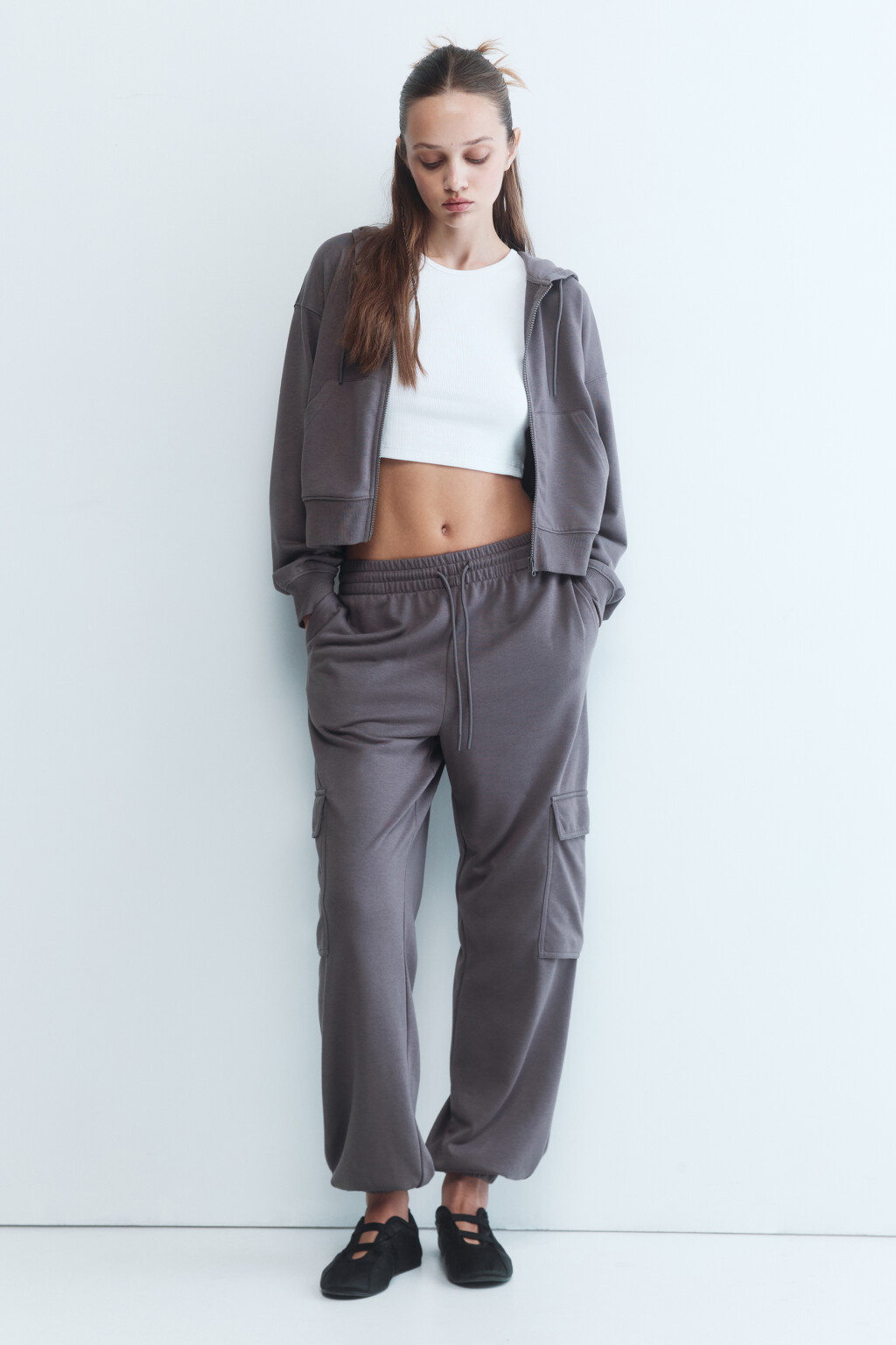 Брюки-джоггеры из футера с высокой посадкой - цвет бежевый - 1