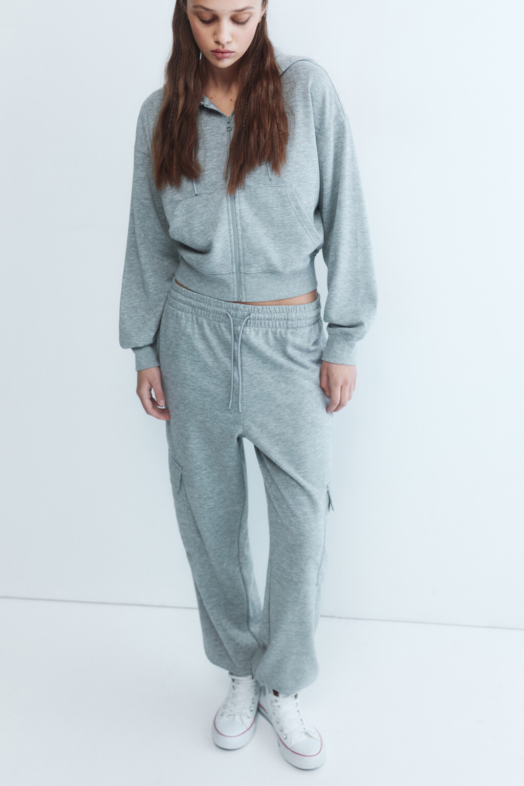 Брюки-джоггеры из футера с высокой посадкой - цвет серый - 1