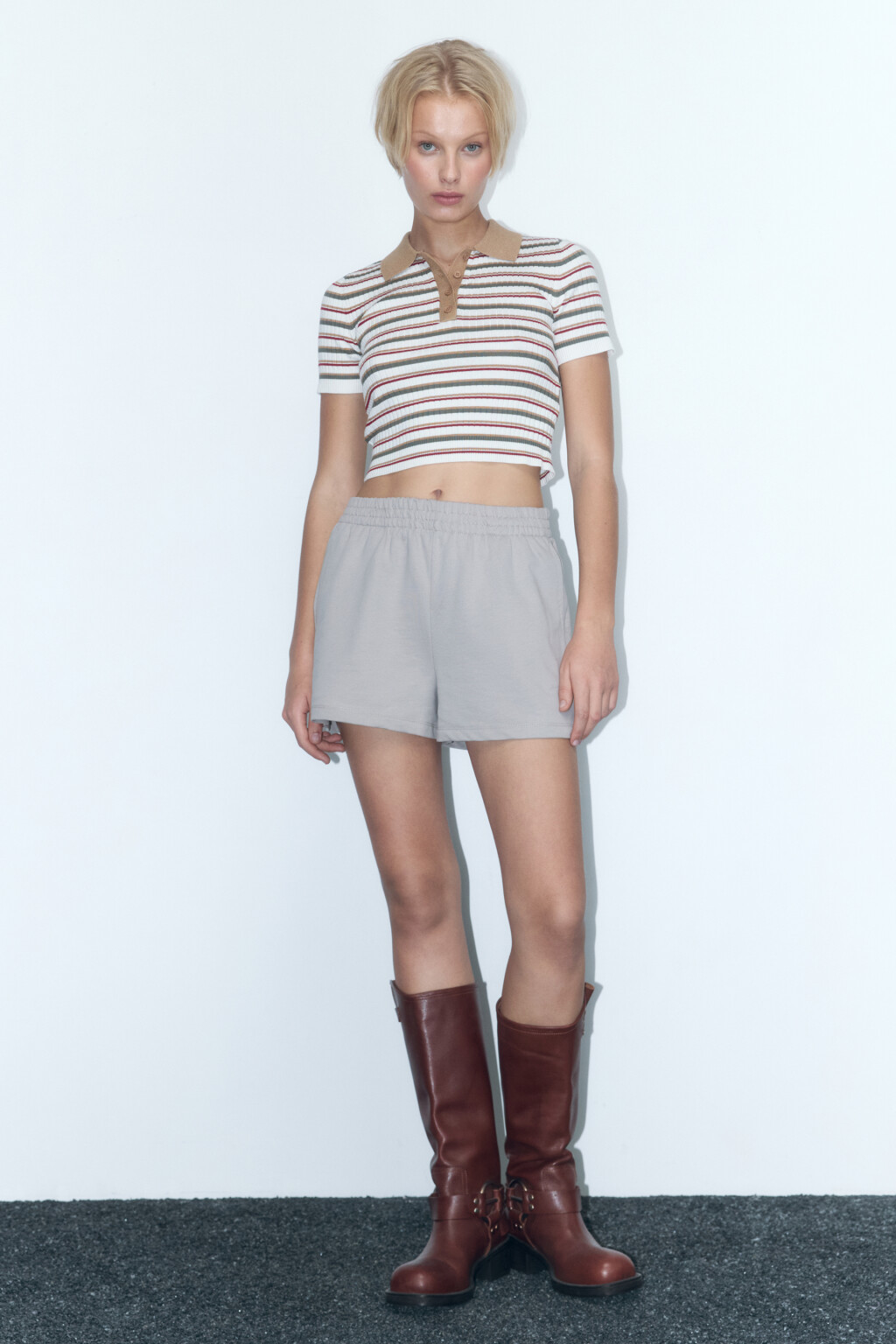 Шорты трикотажные с поясом-резинкой - цвет бежевый - 5